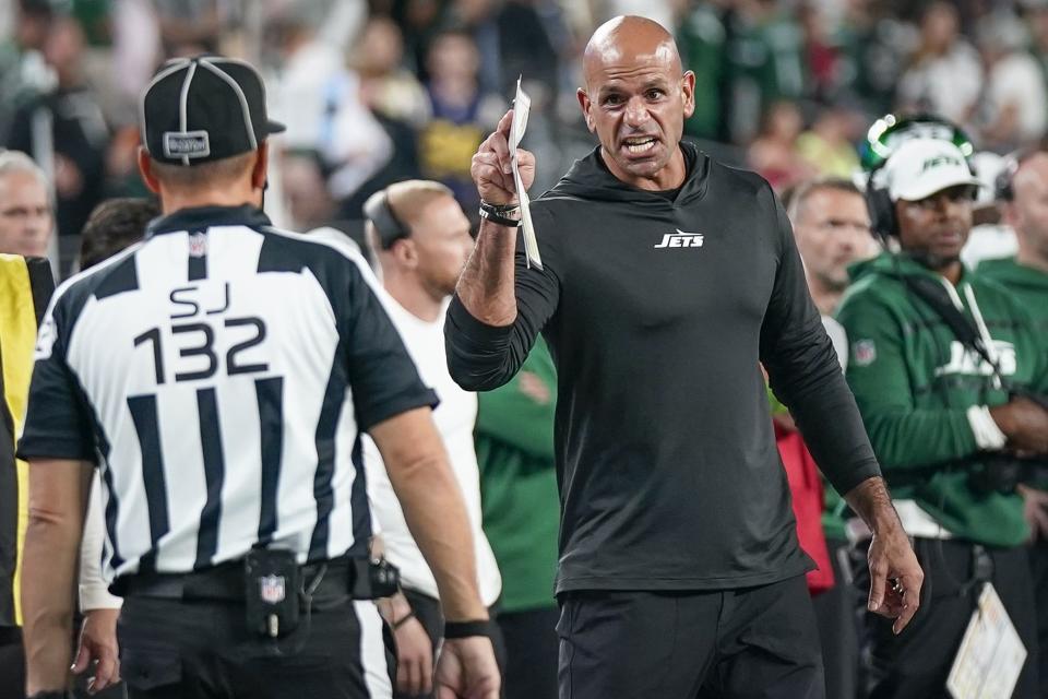 New York Jets coach Robert Saleh shouts at an official during game against the Kansas City Chiefs on Sunday Oct. 1, 2023, in East Rutherford, NJ. Despite Wilson’s struggles, Saleh has been a staunch supporter of Wilson’s. | Bryan Woolston, Associated Press
