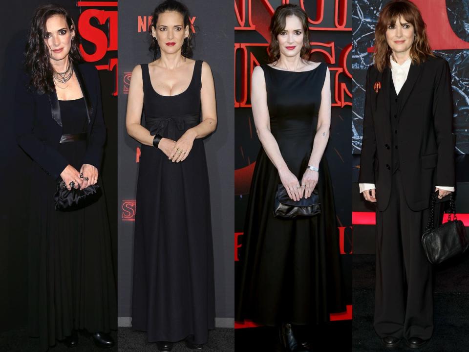 Winona Ryder at "Stranger Things" premieres between 2016 and 2022.