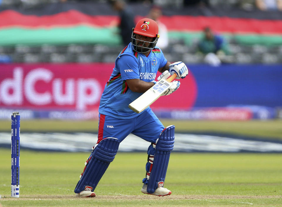 Afghanistan's Mohammad Shahzad bats during the ICC Cricket World Cup Warm up match between Afghanistan and Pakistan at The Bristol County Ground in Bristol, England, Friday, May 24, 2019. (NigeL French/PA via AP)