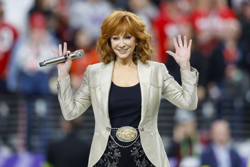 Reba McEntire sings the national anthem during the first quarter of Super Bowl LVIII at Allegiant Stadium in Las Vegas on February 11. File Photo by John Angelillo/UPI