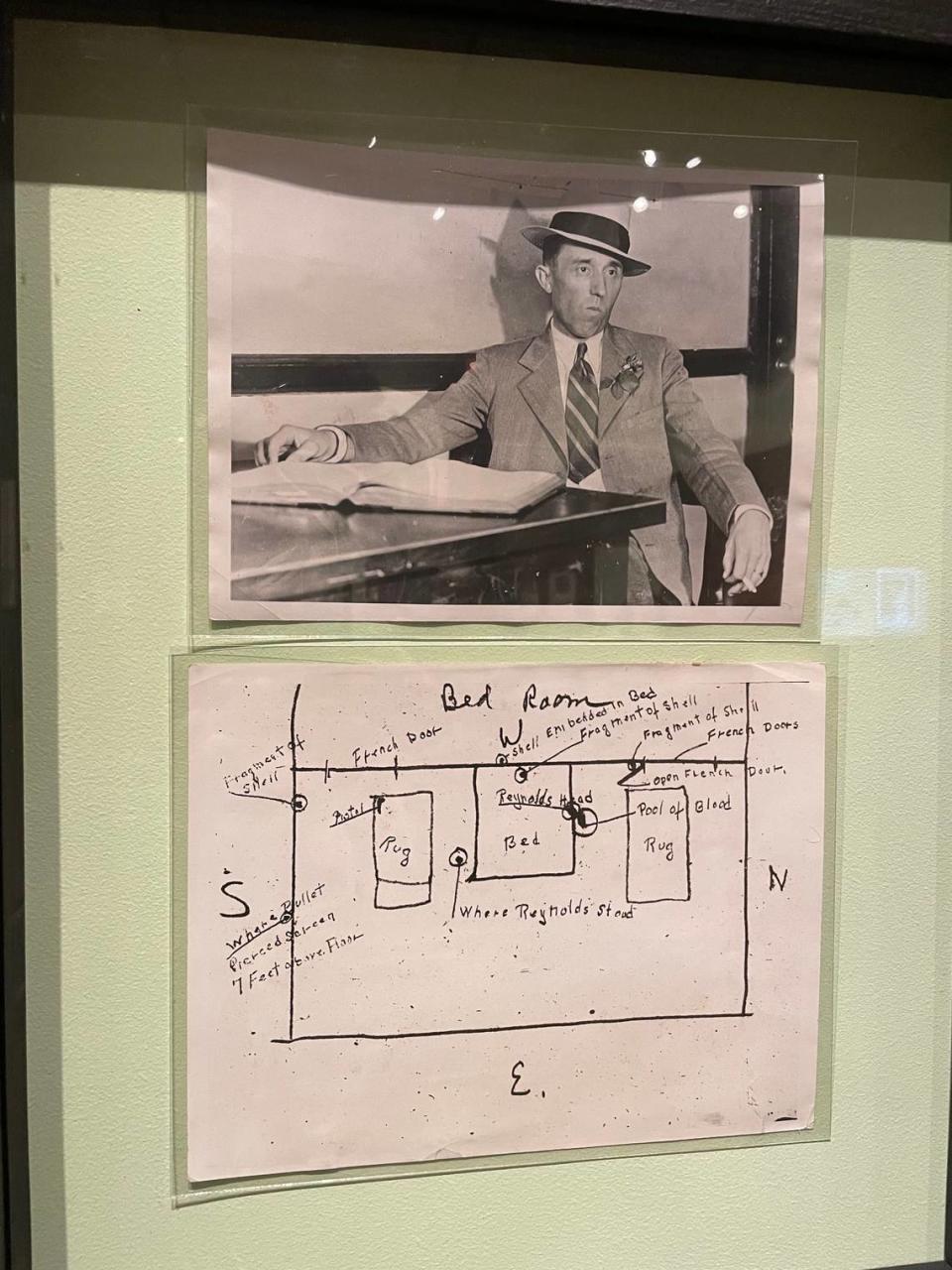 A police diagram of the site of Z. Smith Reynolds' shooting on display at the Reynolda House Museum of American Art, part of the “Smith & Libby: Two Rings, Seven Months, One Bullet” exhibit that runs through December 31, 2023.