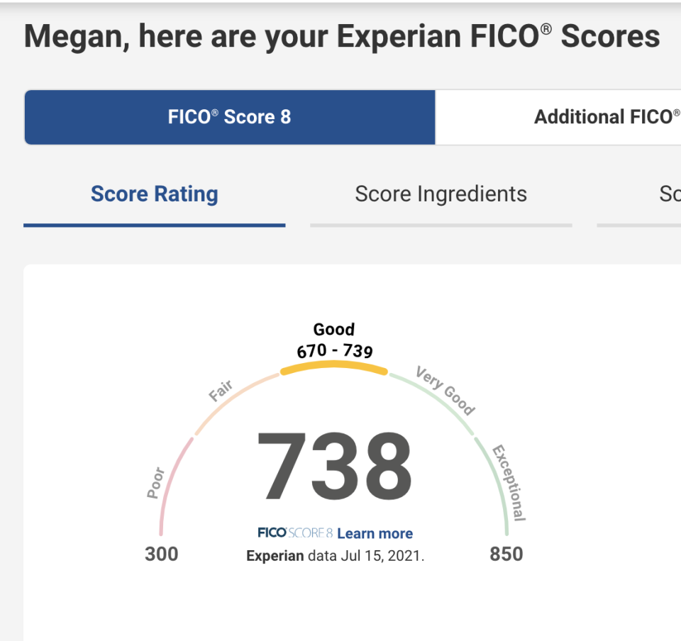 Experian website showing my FICO credit score