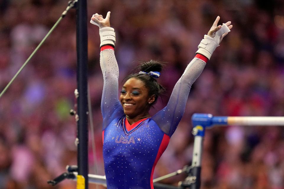 NBC's 4K broadcasts will include gymnastics and Simone Biles, shown here during the women's U.S. Olympic Gymnastics Trials on June 25, 2021, in St. Louis.