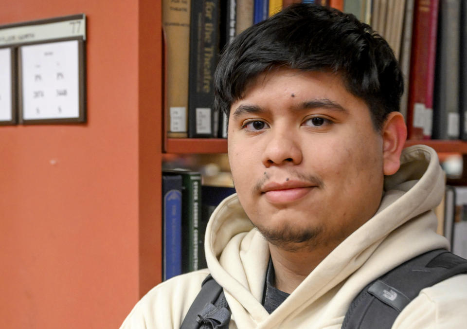 Jesus Noyola, a sophomore attending Rensselaer Polytechnic Institute, poses for a portrait in the Folsom Library, Tuesday, Feb. 13, 2024, in Troy, N.Y. A later-than-expected rollout of a revised Free Application for Federal Student Aid, or FASFA, that schools use to compute financial aid, is resulting in students and their parents putting off college decisions. Noyola said he hasn’t been able to submit his FAFSA because of an error in the parent portion of the application. “It’s disappointing and so stressful since all these issues are taking forever to be resolved,” said Noyola, who receives grants and work-study to fund his education. (AP Photo/Hans Pennink)