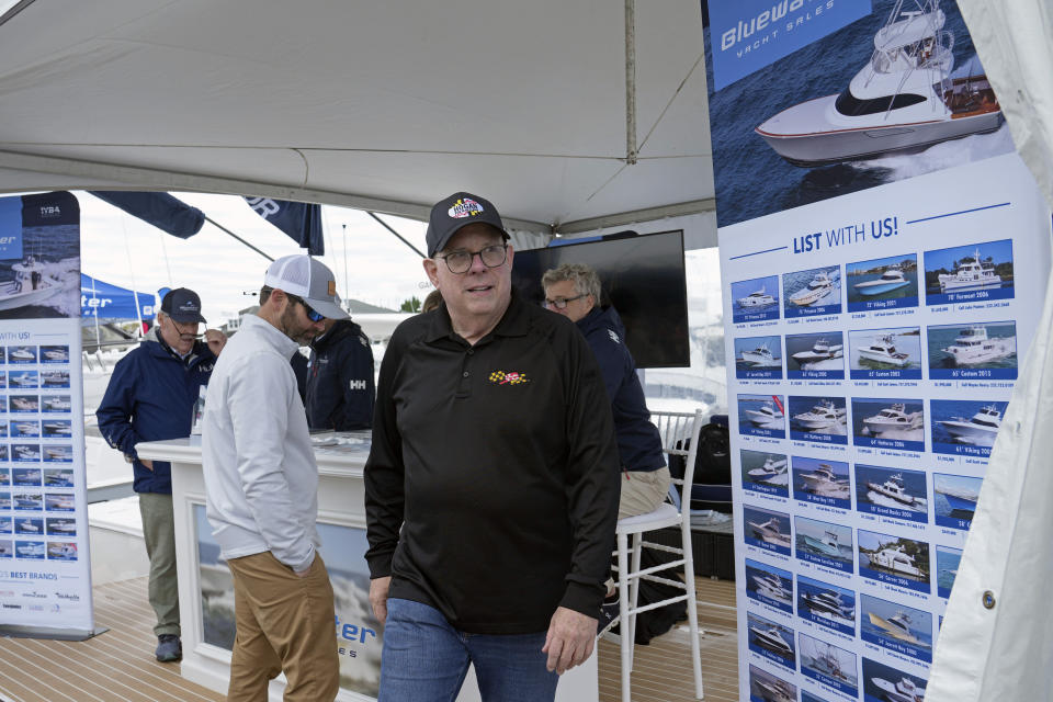 Former Maryland Gov. Larry Hogan visits the Bridge Boat Show in Stevensville, Md., Friday, April 12, 2024, as he campaigns for the U.S. Senate. (AP Photo/Susan Walsh)