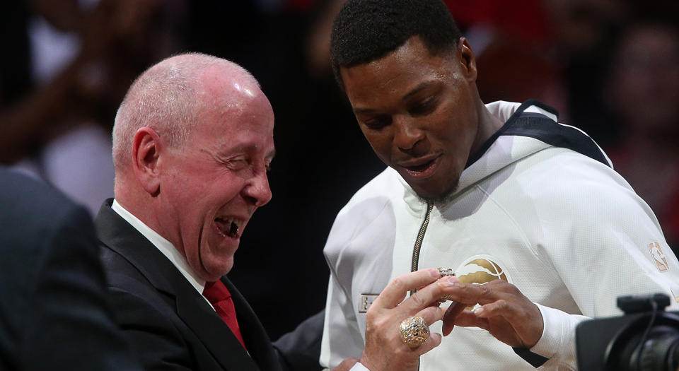 Kyle Lowry was thrilled with his new bling. (Steve Russell/Toronto Star via Getty Images)