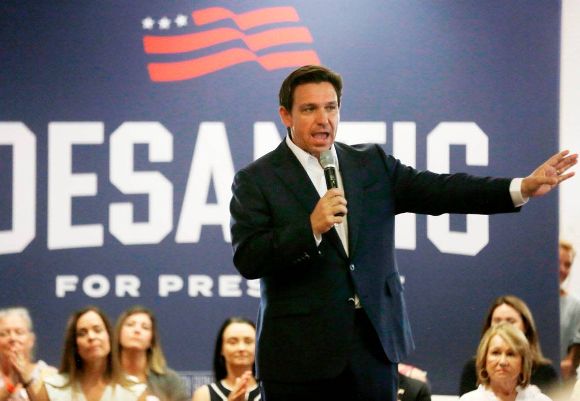 Florida governor, and U.S. presidential hopeful, Ron DeSantis talks to a crowd Monday in Tega Cay, S.C. Tracy Kimball/tkimball@heraldonline.com