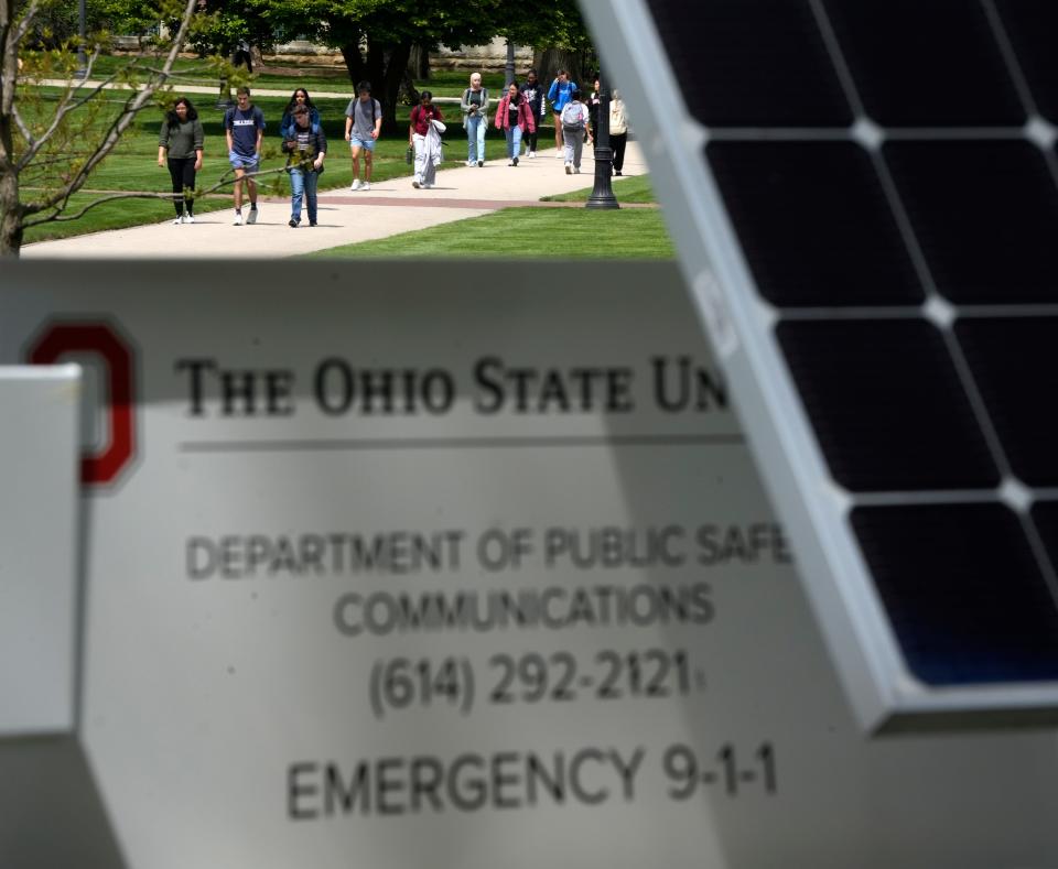 April 26, 2024; Columbus, Ohio, USA; 
Campus was quiet on Friday with many students enjoying the spring weather and studying for finals. Mobile security cameras and banks of lights were seen on the Oval.

Following the arrest of 36 people at an anti-Israel protest at Ohio State University, students voiced support of the protesters and said police actions Thursday night made them feel less trustful of campus police.