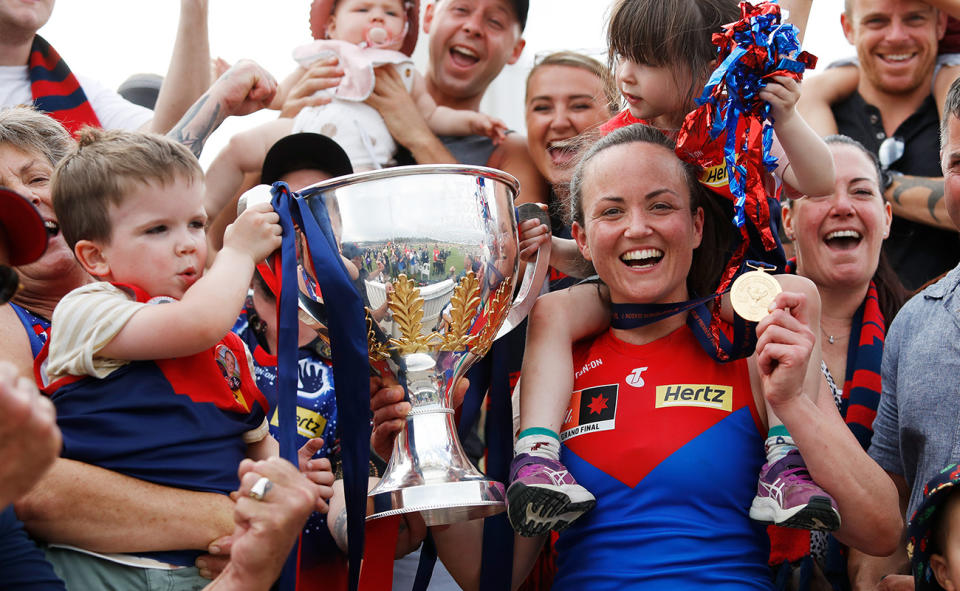 Daisy Pearce, pictured here after helping Melbourne win the AFLW premiership in 2022.