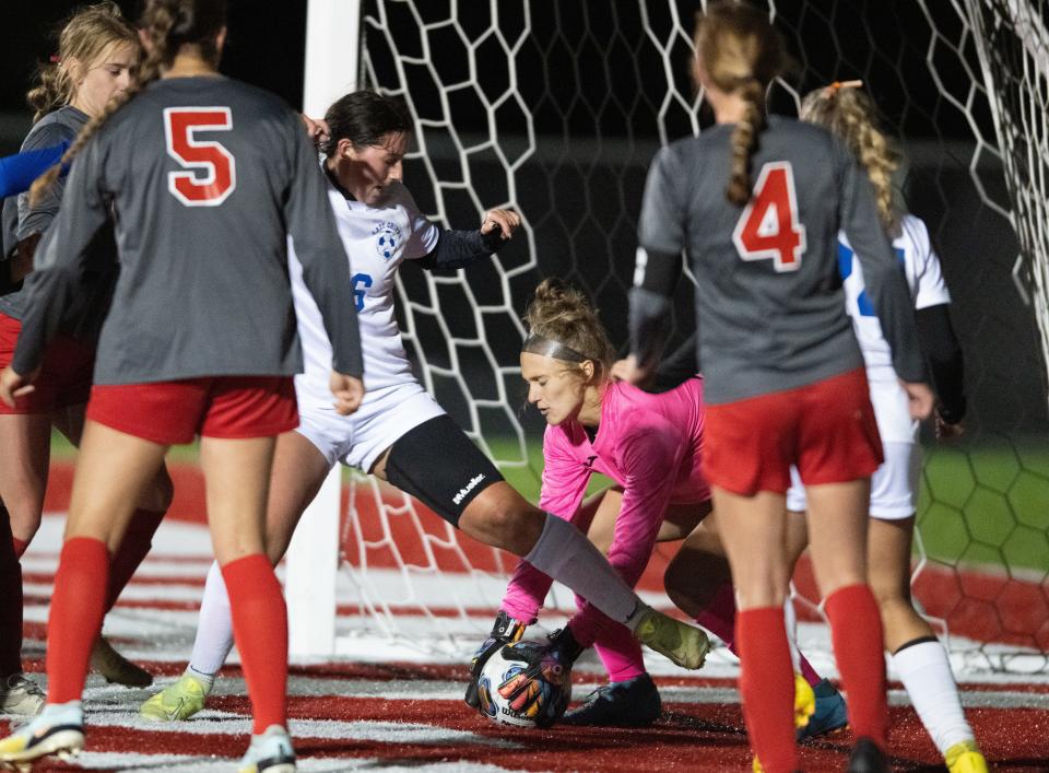 Norwayne keeper Sydney Emler gains control near the foot of Ava Rodgers during one of Chippewa's best chances.