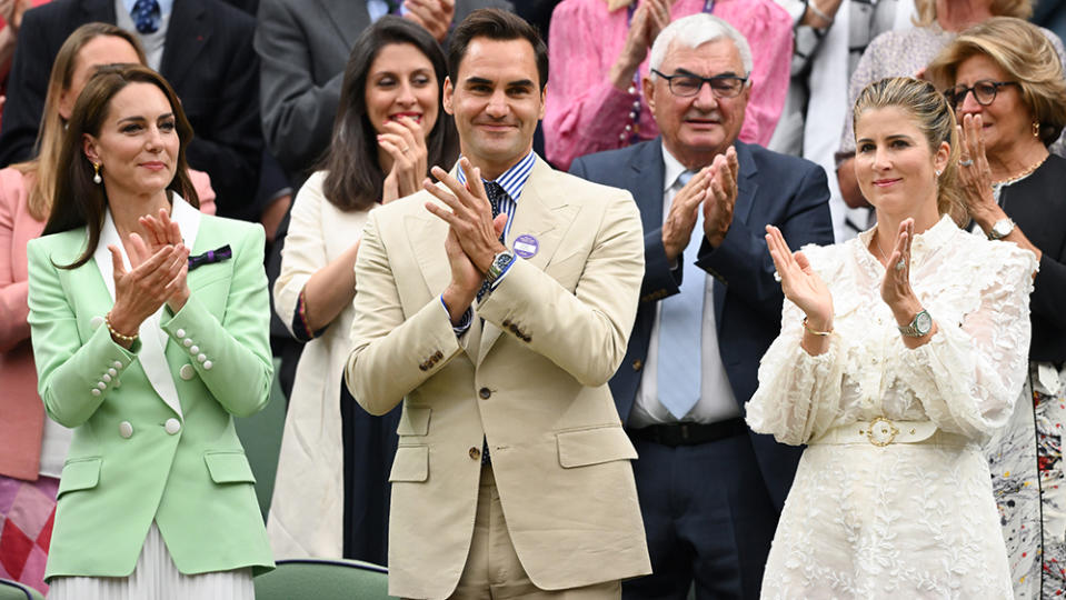 LONDON, ENGLAND - JULY 04: (L-R) Catherine, Princess of Wales, Roger Federer and Mirka Federer in the Royal Box on day two of the Wimbledon Tennis Championships at All England Lawn Tennis and Croquet Club on July 04, 2023 in London, England. (Photo by Karwai Tang/WireImage)
