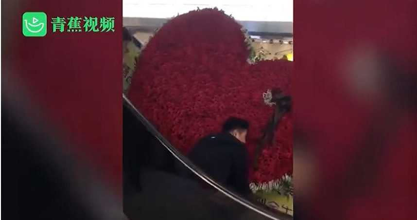男子送上代表一生一世的巨型心型玫瑰向前妻示愛。（圖／翻攝自青蕉視頻）