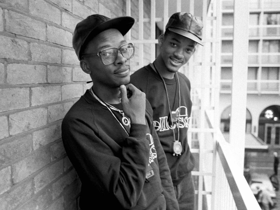 Jazzy Jeff and the Fresh Prince, Jeff Townes (left) and Will Smith (right), pose for a portrait session at the Holiday Inn hotel, Swiss Cottage, London, 21st October 1986.