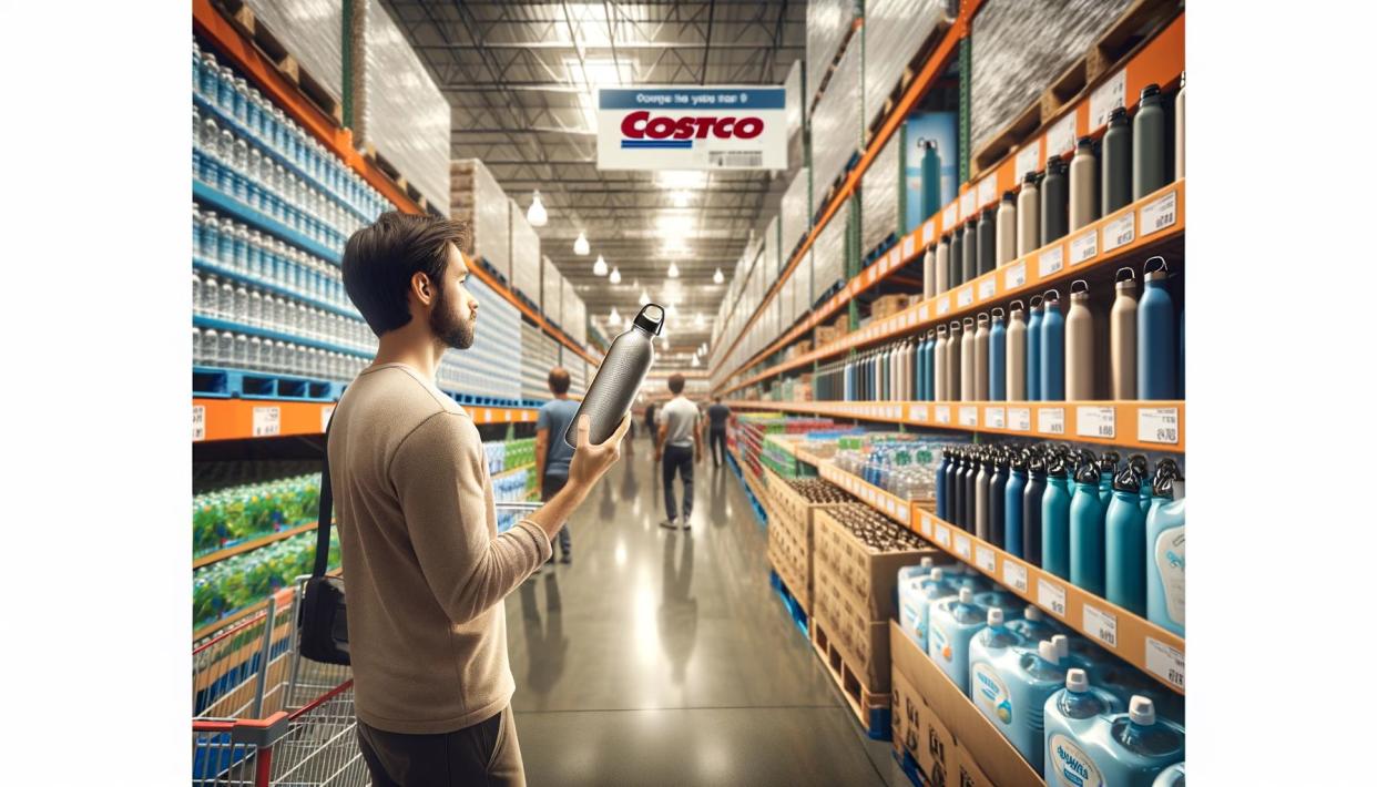 AI-generated image of a man looking at a water bottle inside Costco