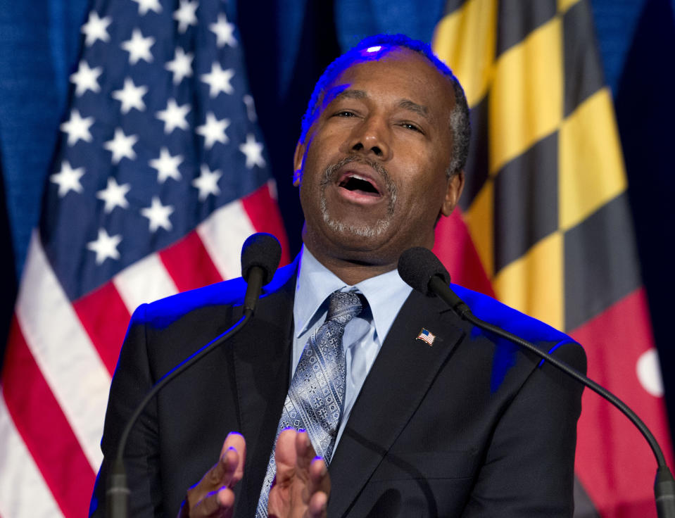 FILE - IN this March 1, 2016, file photo, then-Republican presidential candidate retired neurosurgeon Ben Carson speaks during an election night party in Baltimore. Carson’s story of growing up in a single-parent household and climbing out of poverty to become a world-renowned surgeon was once ubiquitous in Baltimore, where Carson made his name. But his role as Housing and Urban Development Secretary in the Trump Administration has added a complicated epilogue, leaving many who admired him feeling betrayed, unable to separate him from the politics of a president widely rejected by African Americans here. ( AP Photo/Jose Luis Magana, File)