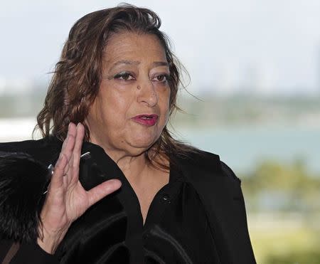 Renowned international architect Zaha Hadid speaks to the media after a ground-breaking ceremony for her residential tower in Miami December 5, 2014. REUTERS/Andrew Innerarity