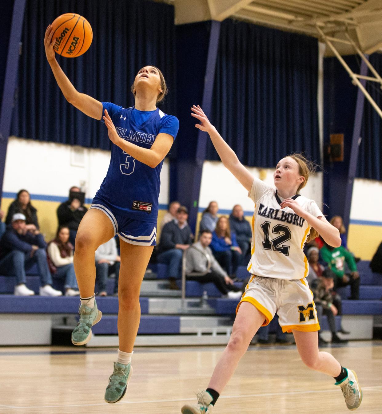 Holmdel’s #3 Allison Cannon drives to the hoop. Marlboro vs Holmdel girls basketball at St. Mary’s. 
Middletown, NJ
Friday, December 15, 2023