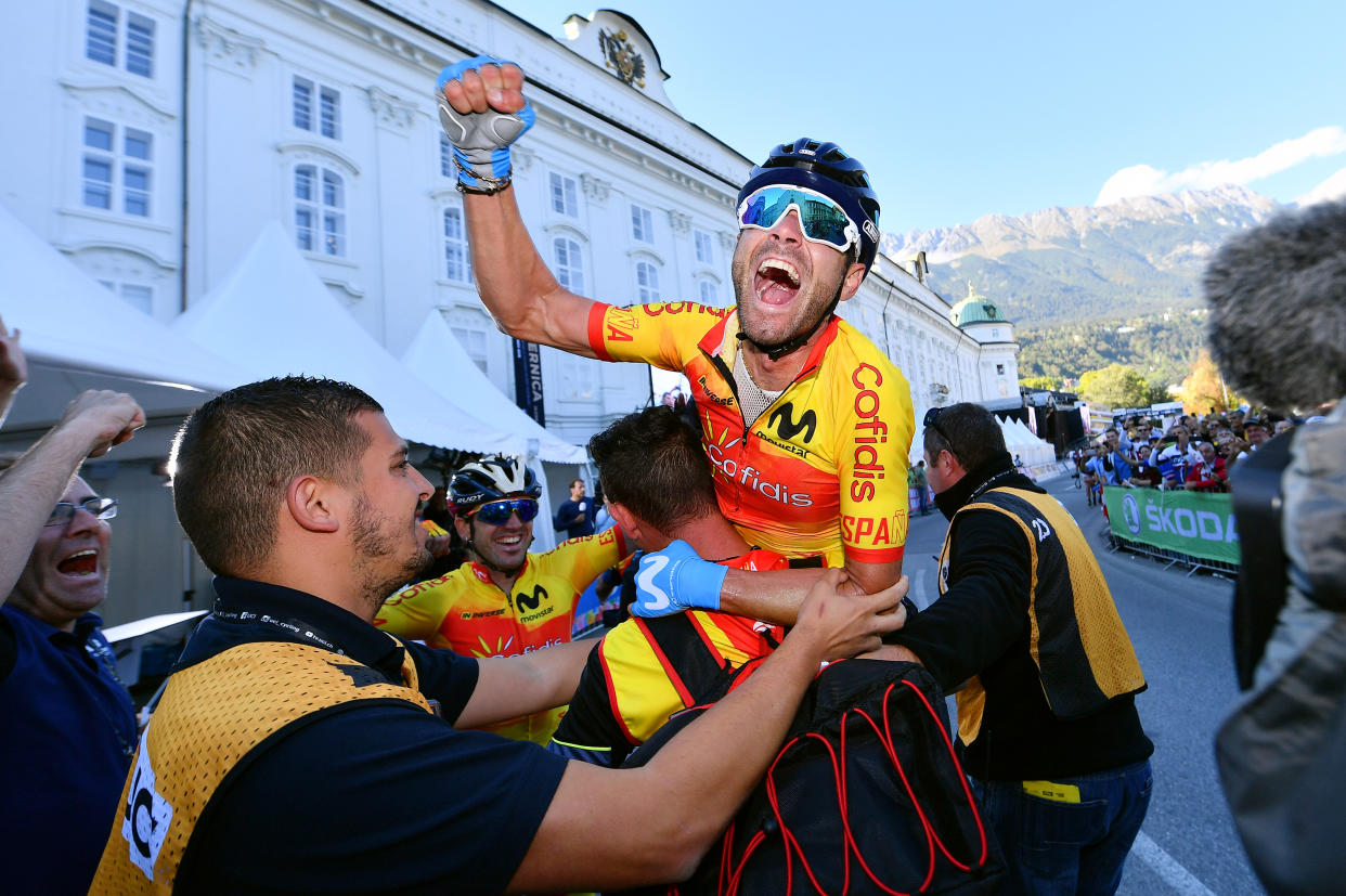 Alejandro Valverde celebra su victoria en el Mundial de Ciclismo. | Foto: Getty