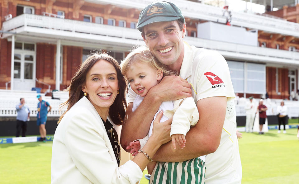 Pat Cummins, pictured here with wife Becky and son Albie.