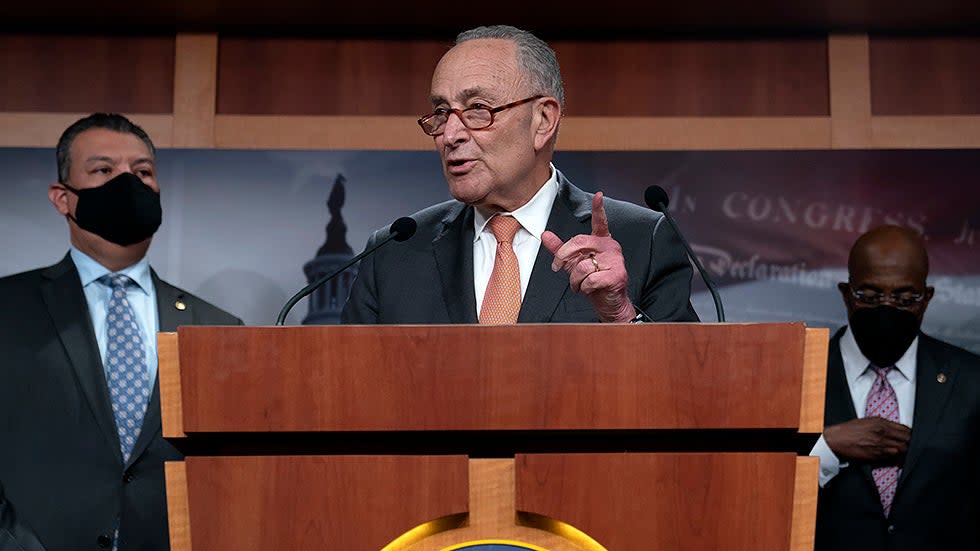 Majority Leader Charles Schumer (D-N.Y.) addresses reporters after a virtual policy luncheon on Tuesday, January 4, 2022.
