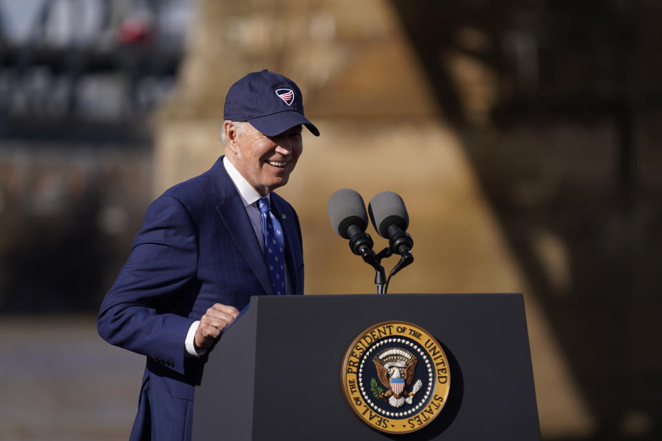 President Joe Biden arrives to speak about his infrastructure agenda under the Clay Wade Bailey Bridge, Wednesday, Jan. 4, 2023, in Covington, Ky. (AP Photo/Patrick Semansky)