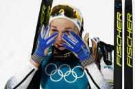 <p>Gold medalist Sweden’s Stina Nilsson reacts during the victory ceremony in the women’s cross-country individual sprint classic final at the Alpensia cross country ski centre during the Pyeongchang 2018 Winter Olympic Games on February 13, 2018 in Pyeongchang. / AFP PHOTO / Odd ANDERSEN </p>