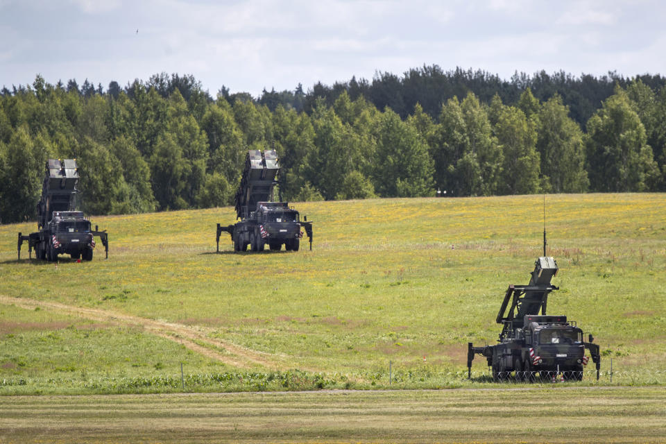 Germany deployed Patriot long-range air defence system is seen at Vilnius airport for security during the NATO summit in Vilnius, Lithuania, Saturday, July 8, 2023. Up to 12,000 officers and soldiers will be responsible for security during the NATO summit in Vilnius, July 11-12. (AP Photo/Mindaugas Kulbis)