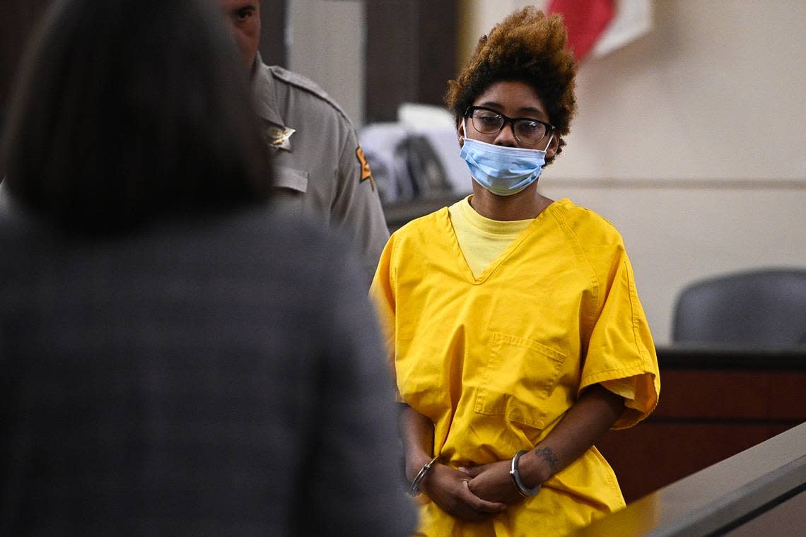 Samantha Johnson, 30, is shown during her first appearance in Merced County Superior Court on March 28, 2022.. She faces murder and child abuse charges in the death of her daughter Sophia Mason, 8.