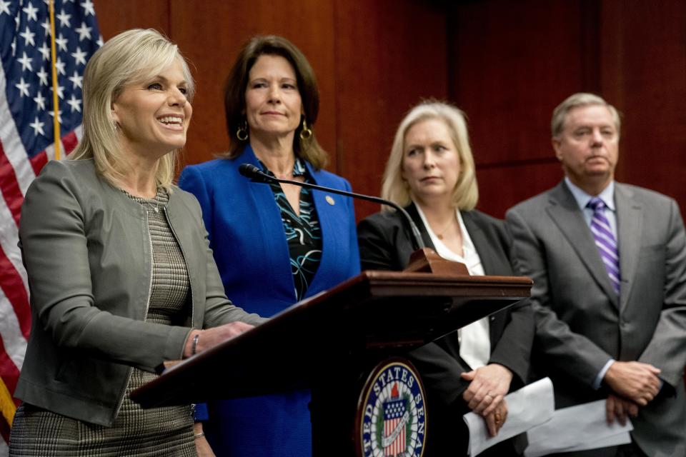 From left, former Fox News host Gretchen Carlson — accompanied by Rep. Cheri Bustos, D-Illinois., Sen. Kirsten Gillibrand, D-N.Y. and Sen. Lindsey Graham, R-S.C. — speaks at a news conference during which members of Congress introduced legislation to curb sexual harassment in the workplace on Dec. 6, 2017, on Capitol Hill in Washington. (Photo: Andrew Harnik/AP)