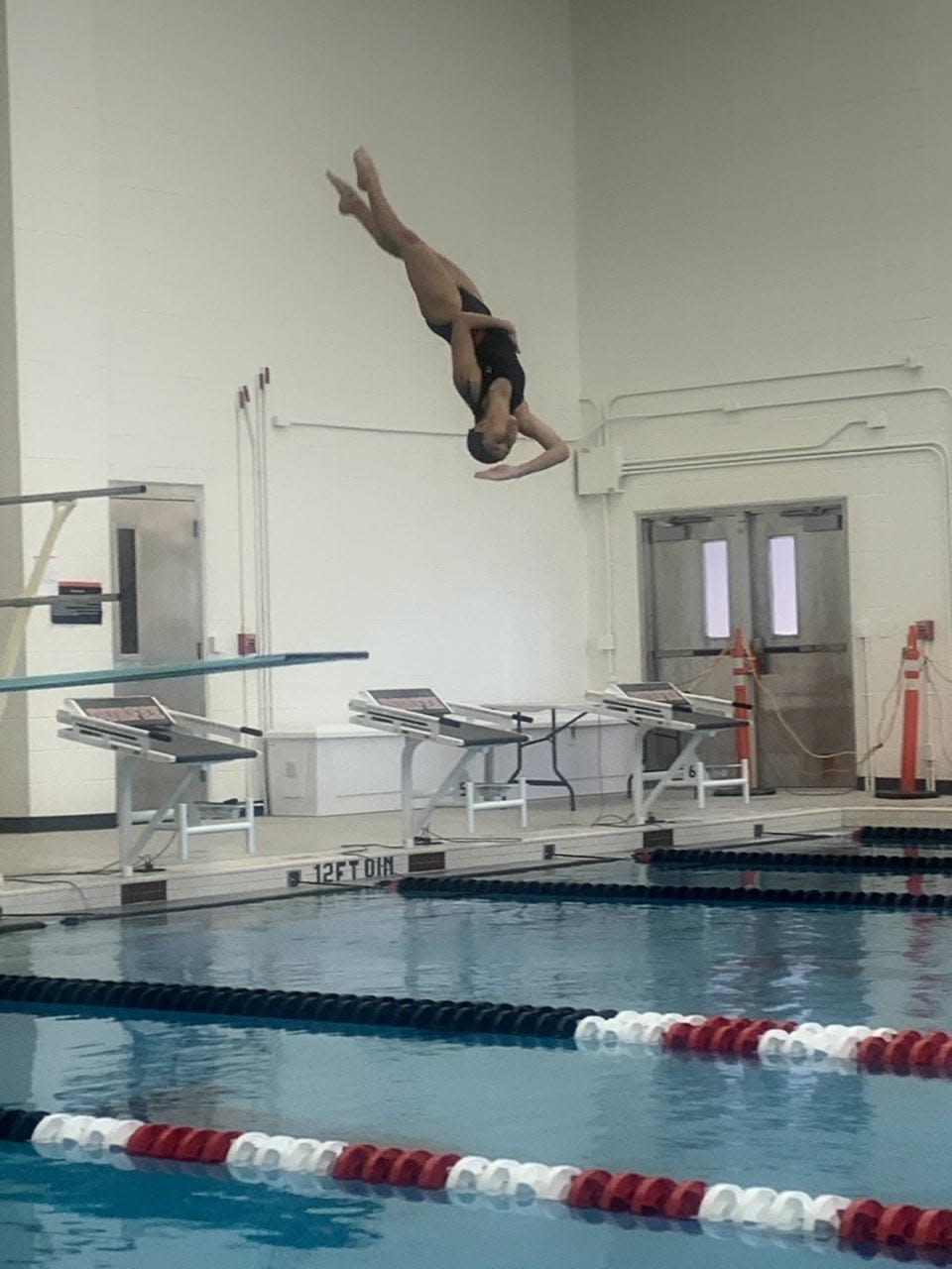 Durfee's Rachael Silva performs a dive inside the Karen Jarabek pool on the campus of B.M.C. Durfee high school.