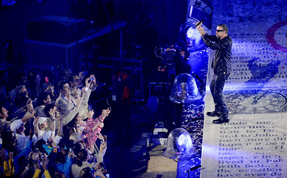 Global artist George Michael performs during the Closing Ceremony on Day 16 of the London 2012 Olympic Games at Olympic Stadium on August 12, 2012 in London, England. (Photo by Stu Forster/Getty Images)