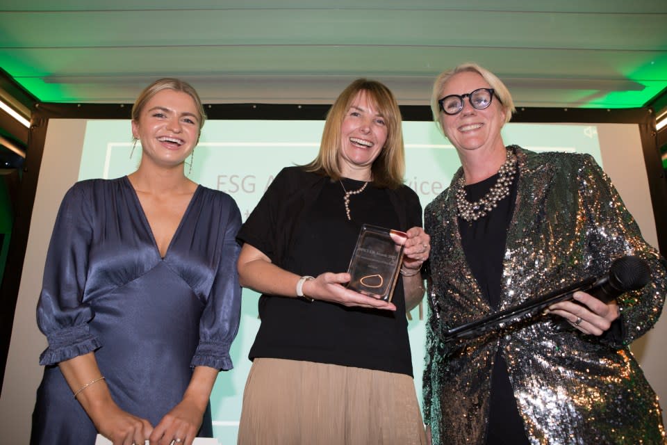 ESG Advisory Service of the Year – winner Addidat sponsored by Metrikus . From left to right Charlotte Laing of Metrikus, winner Nina Spencer CEO of Addidat and Julia Streets,