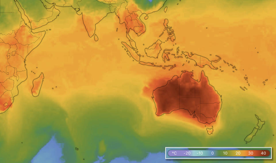 Temperatures across Australia and southeast Asia predicted for 5pm on Wednesday (AEDT). Source: Windy