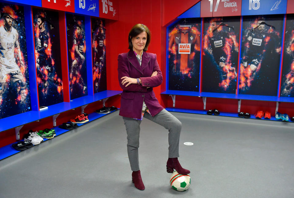 <p>Amaia Gorostiza, 51, businesswoman and president of the SD Eibar football club, poses for a picture in the locker room at the Ipurua stadium in Eibar, Spain on February 27, 2018. (Photo: Ander Gillenea/AFP/Getty Images) </p>