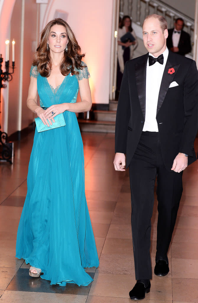 <p>For the Tusk Conservation Awards on November 8, the Duchess recycled a blue Jenny Packham gown she first wore in 2012. <em>[Photo: Getty]</em> </p>