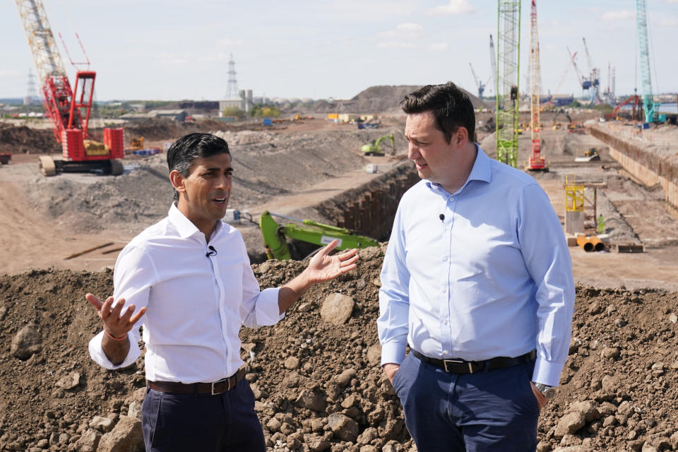 Rishi Sunak (left) speaks with Tees Valley Mayor, Ben Houchen, during a visit to Teesside Freeport, Teesworks, in Redcar, Teeside, as he outlines his vision for the future of Britain, as part of his campaign to become the next leader of the Conservative and Unionist Party and Prime Minister. Picture date: Saturday July 16, 2022.