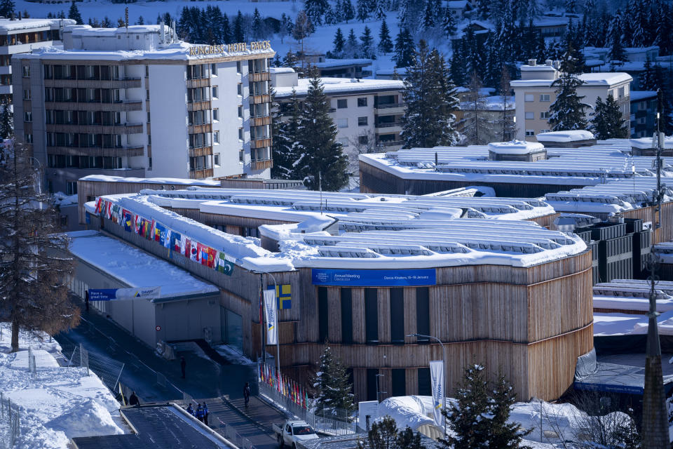 The Congress Center where the World Economic Forum takes place is covered with snow in Davos, Switzerland, Sunday, Jan. 14, 2024. The annual meeting of the World Economic Forum is taking place in Davos from Jan. 15 until Jan. 19, 2024. (AP Photo/Markus Schreiber)