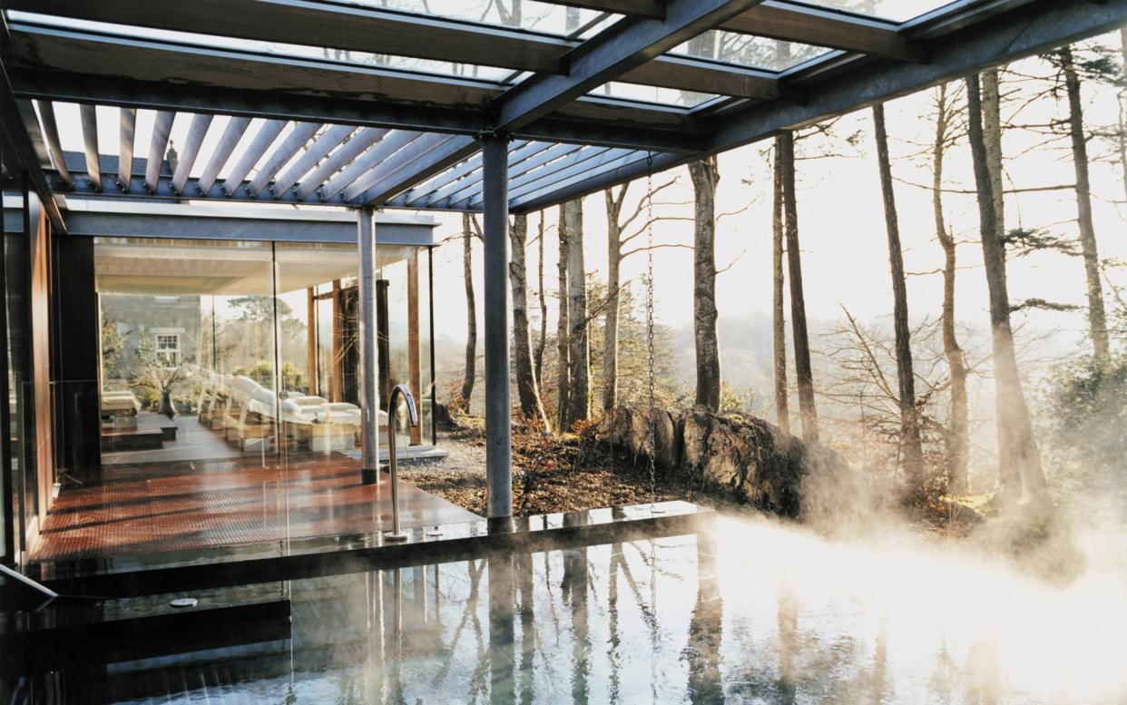 Spa facilities at Park Hotel Kenmare include a 40-degree thermal eternity pool open to the wilderness, a steam room, a tropical shower and knippe pool.