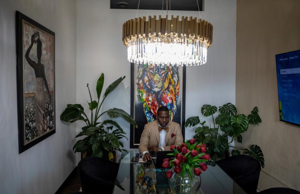 Charles Longstreet II, attorney at the Longstreet Law Firm, sits inside his law firm in Detroit on Thursday, May 9, 2024. Longstreet planned to run for an open seat on the Wayne County Circuit Court, but his candidacy was upended when Londell Thomas, a consultant he hired, turned in fraudulent petitions.