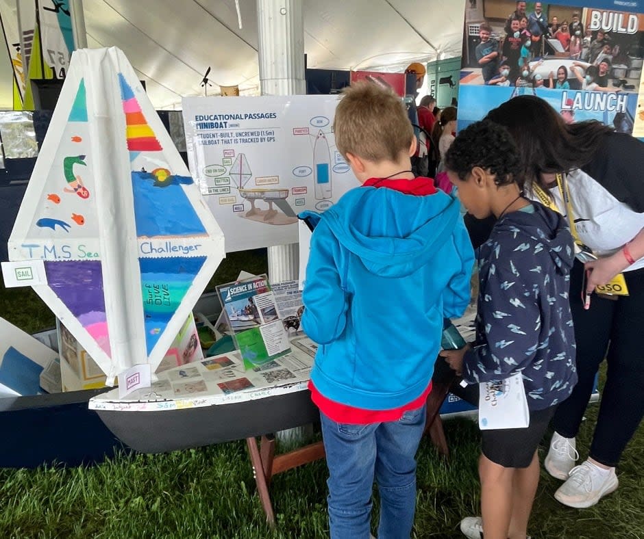 Before its launch, the Sea Challenger went on display for other children to see it.  The URI Graduate School of Oceanography at the University of Rhode Island helped Grade 7 students build the boat.