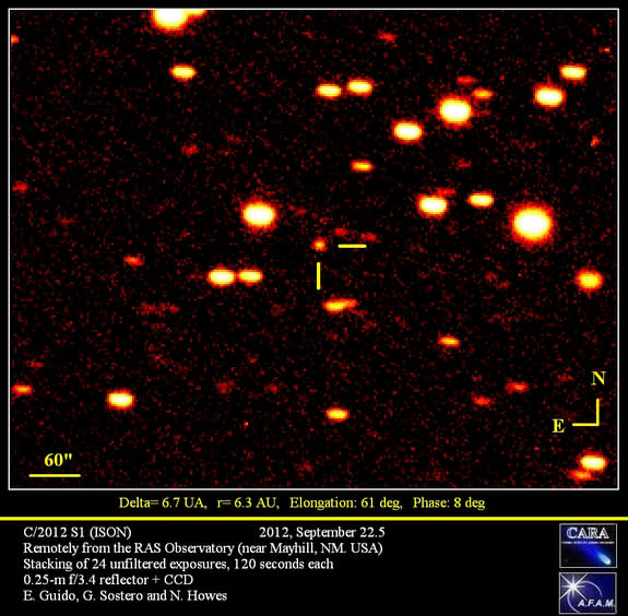 Comet C/2012 S1 (ISON) photographed at the RAS Observatory near Mayhill, NM on Sept. 22, 2012, by amateur astronomers Ernesto Guido, Giovanni Sostero and Nick Howes of the Remanzacco Observatory.