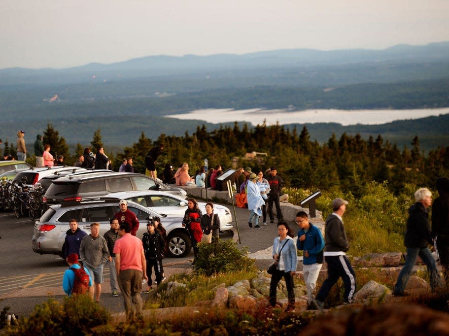 Cadillac Mountain in Acadia National Park crowded with people