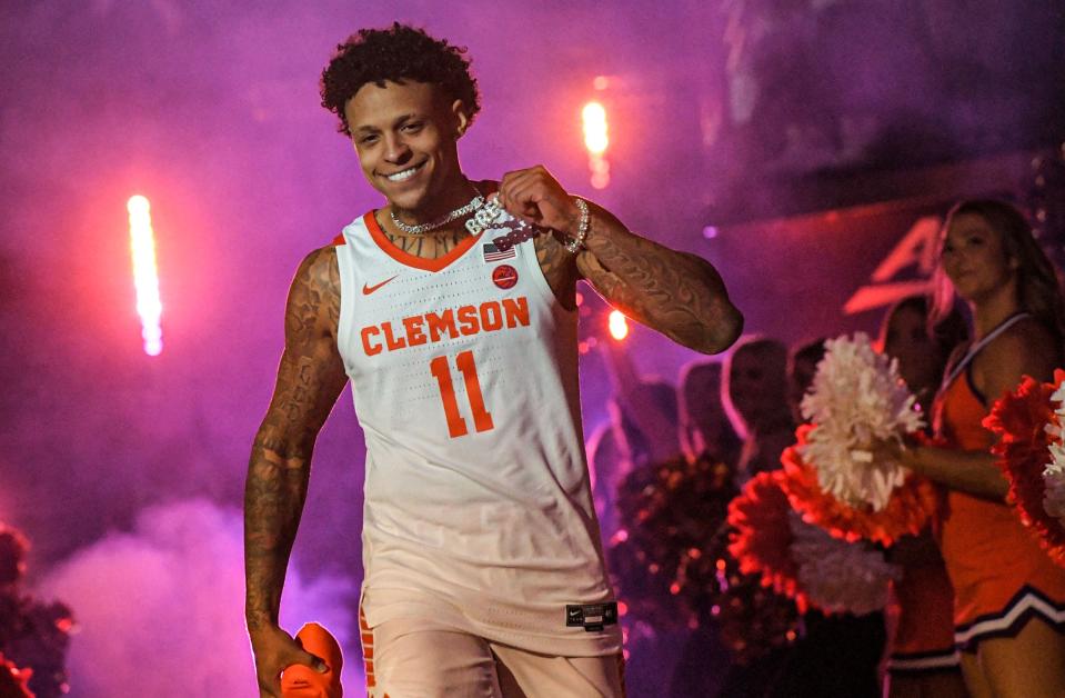 Clemson guard Brevin Galloway (11) is introduced during Rock the John basketball season kickoff event at Littlejohn Coliseum in Clemson, S.C. Thursday, October 27, 2022.