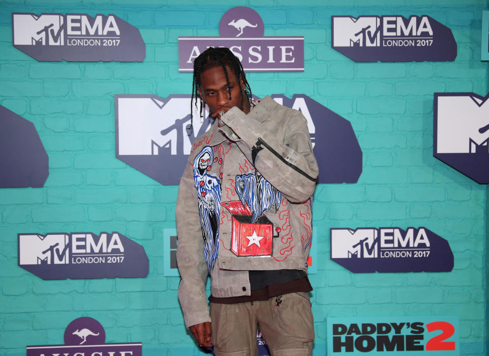 Rapper Travis Scott of the U.S. arrives at the 2017 MTV Europe Music Awards at Wembley Arena in London.