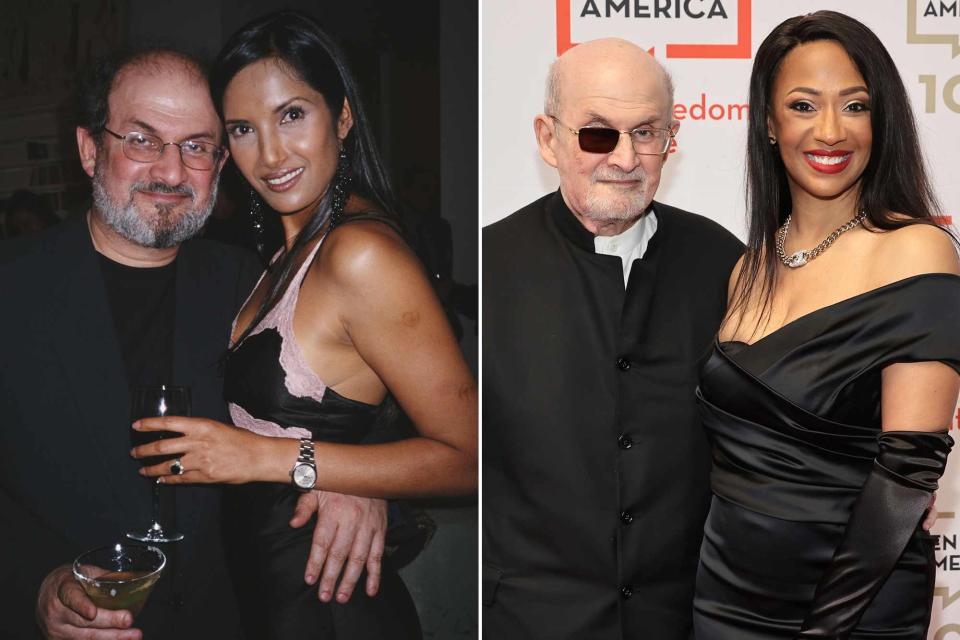 <p>Jamie McCarthy/Getty</p> Left: Salman Rushdie and Padma Lakshmi at a Talk Magazine party for Martin Amis in New York City in 2000. Right: Salman Rushdie and Rachel Eliza Griffiths attend the 2023 PEN America Literary Gala on May 18, 2023 in New York City. 