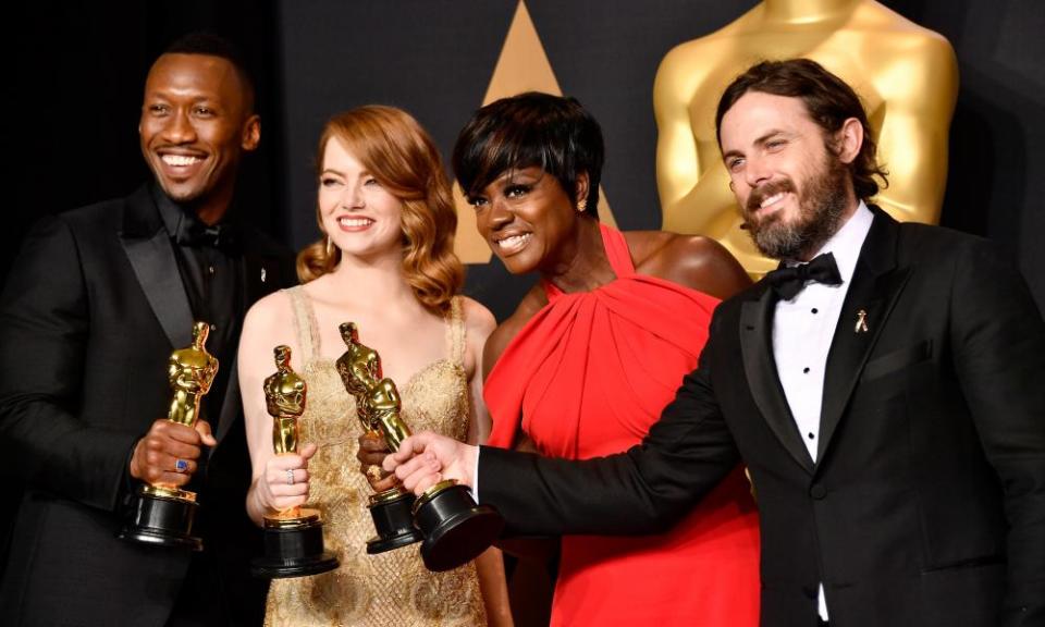 Mahershala Ali, winner of best supporting actor for Moonlight, Emma Stone, winner of best actress for La La Land, Viola Davis, winner of the best supporting actress award for Fences, and Casey Affleck, winner of Best Actor for Manchester by the Sea.