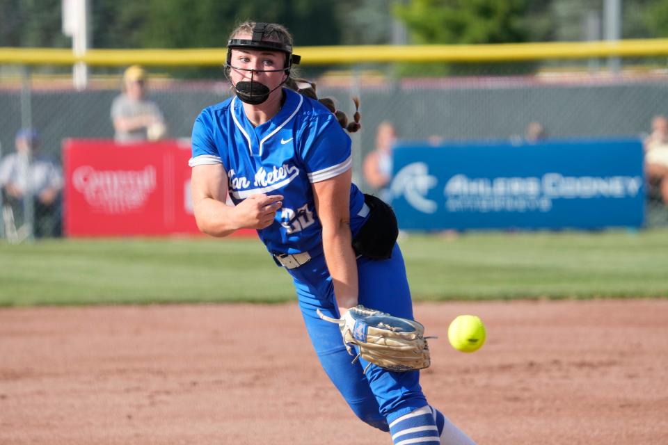 Van Meter's Macy Blomgren pitches during the Class 2A state softball championship between Van Meter and Iowa City Regina, on Friday, July 21, 2023, in Fort Dodge.