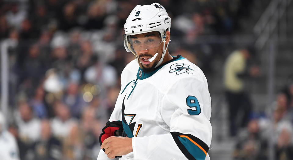 Unfortunately, San Jose Sharks forward Evander Kane was subjected to an inappropriate comment on Instagram. (Stephen R. Sylvanie-USA TODAY Sports)