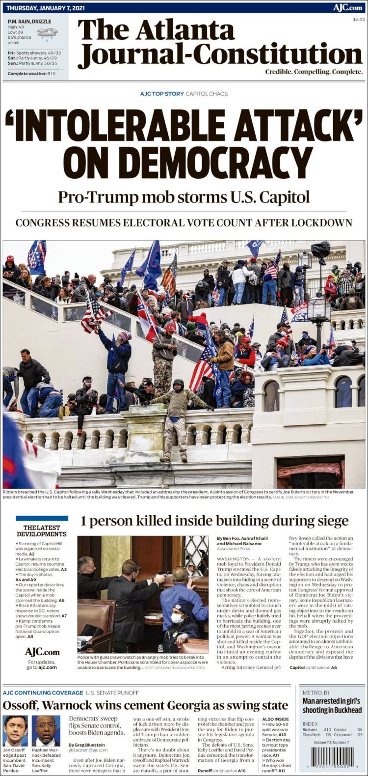 Front page of the Atlanta Journal-Constitution on Thursday