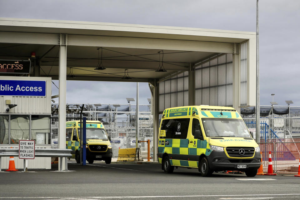 Ambulances leave Auckland International in Auckland, New Zealand, Monday, March 11, 2024. More than 20 people were injured after what officials described as a "technical event" on a Chilean plane traveling from Sydney, Australia to Auckland. (Dean Purcell/New Zealand Herald via AP)